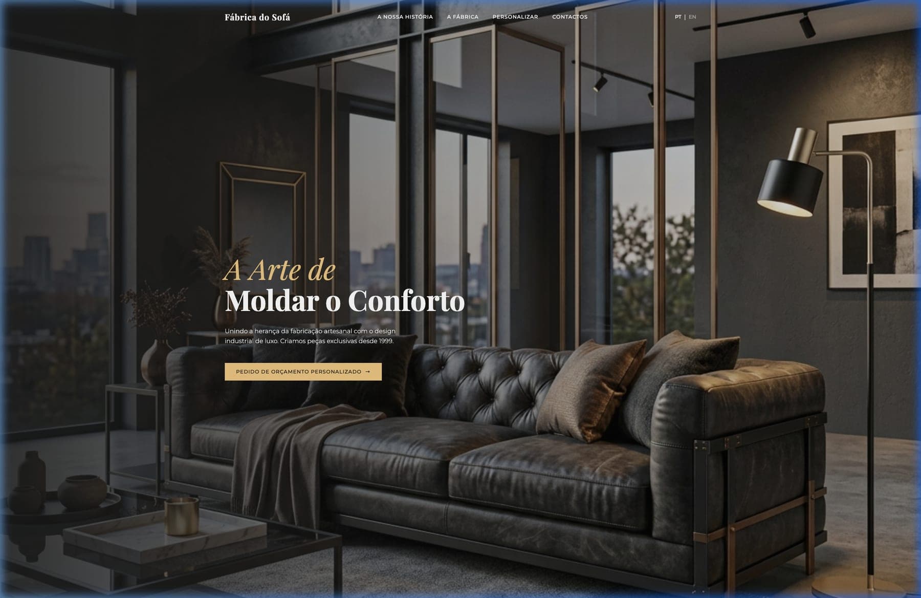 Leather sofa with a metal frame in a room with full-height windows